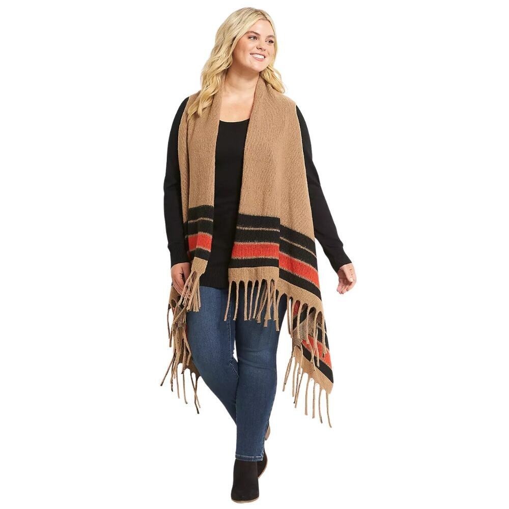 Lane Bryant Poncho Womens Tan Open Front Striped Fringe Cardigan Duster Sweater